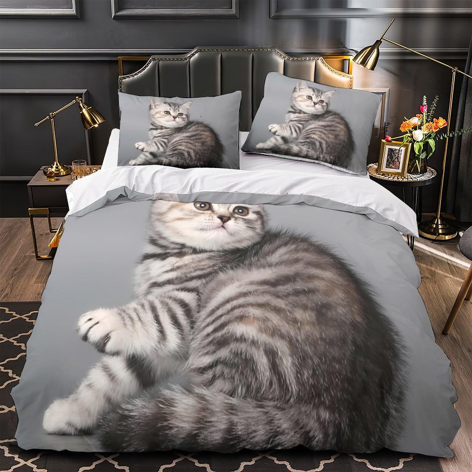 Housse de couette chaton tigré argenté 140x200 parure lit microfibre single