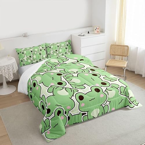 Miniatura 3 de Erosebridal Juego de edredón de ranas kawaii, tamaño Queen, juego de ropa de cama de rana de dibujos animados para niños, niñas y adolescentes,