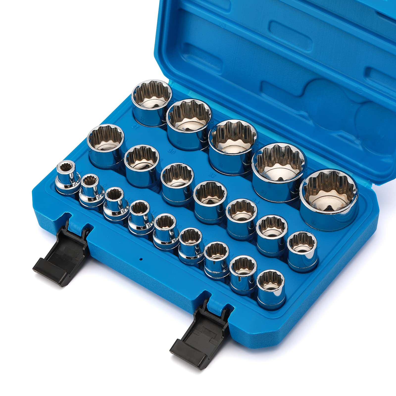CASOMAN Set di 21 chiavi a bussola da 1/2", 8-36 mm, in acciaio CR-V, dadi a denti multipli per auto, design a 12 punti, metrico