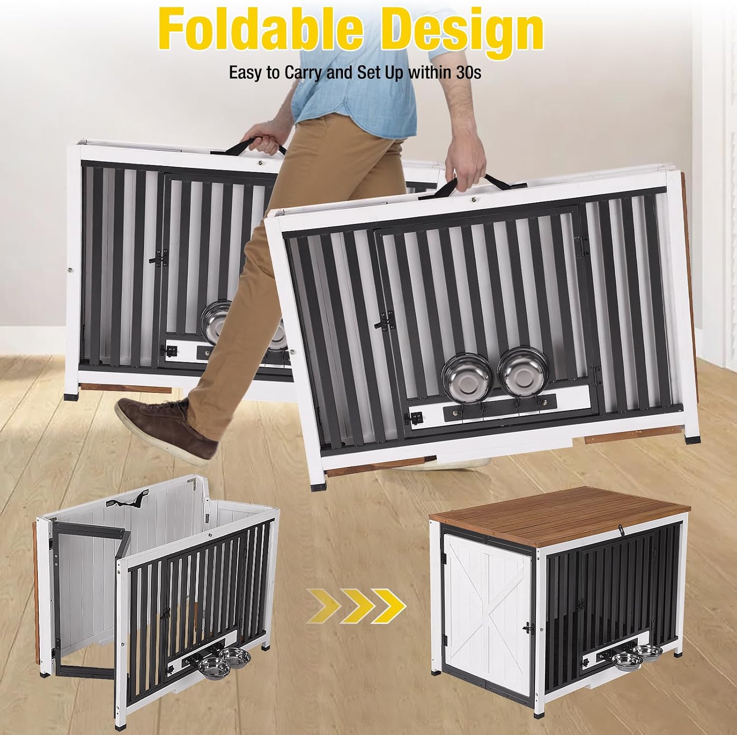 Aivituvin Foldable Dog Crate Furniture No Assembly, Expandable Design, Chew-Resistant, with 360° Rotating Pet Bowls, Multifunctional Indoor Dog Kennel for Small to Large Dogs 78.8" L (Double Crate)