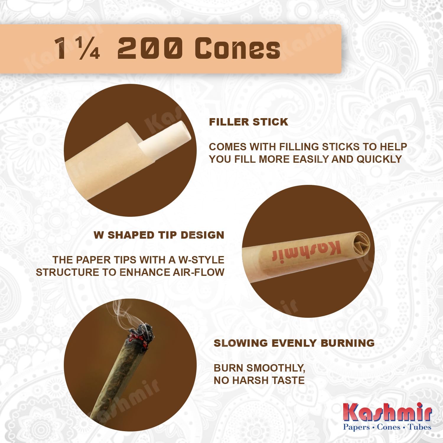 Kashmir Pre Rolled Cones Organic Hmp 1 1/4 Size 79mm – 200 Pack Natural Fiber Cones with W-Shaped Tips – Slow Burn Rolling Papers for Smooth, Even Smoke – Easy Fill, Premium Pre Rolls