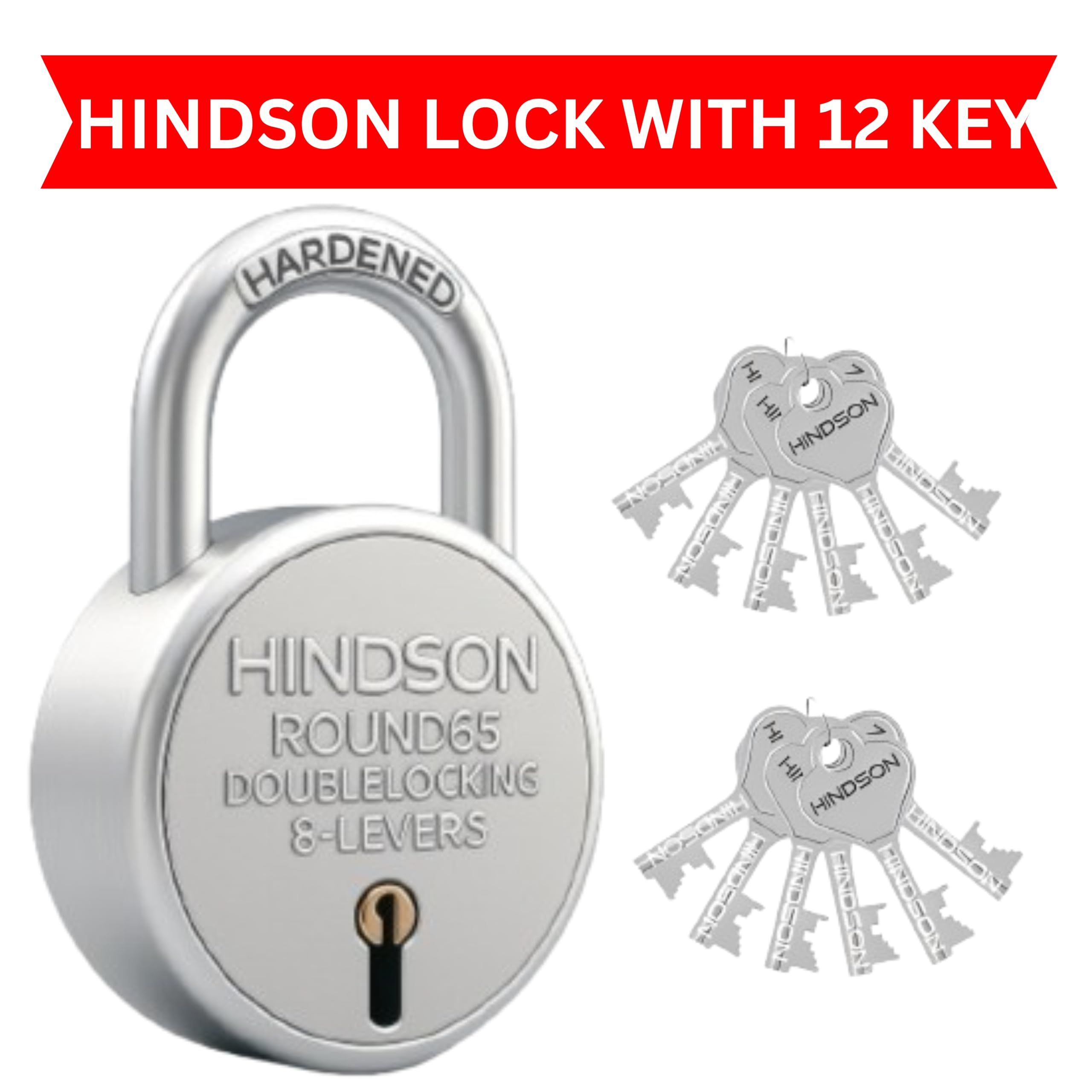 Hindson Same Key Round 65mm Padlock | 2 Heavy Duty Padlocks with 12 Common Keys | Strong Metal Body Locks with Double Locking & 8-Lever Mechanism for Home, Gate, Shutter & Shop Security — Amazon image 4