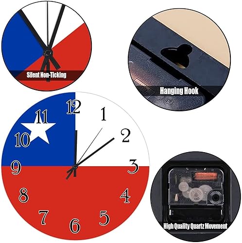 Miniatura 6 de Reloj de pared de madera con bandera de Chile, reloj de pared de cuarzo de calidad, funciona con pilas, silencioso de 12 pulgadas, reloj de pared