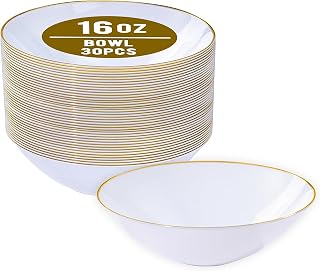I00000 16 Oz 30 Count White Disposable Soup Bowls with Gold Rim Plastic Bowls Disposable Premium Heavyweight Elegant Plastic Salad Bowl for Holidays, Parties, Weddings