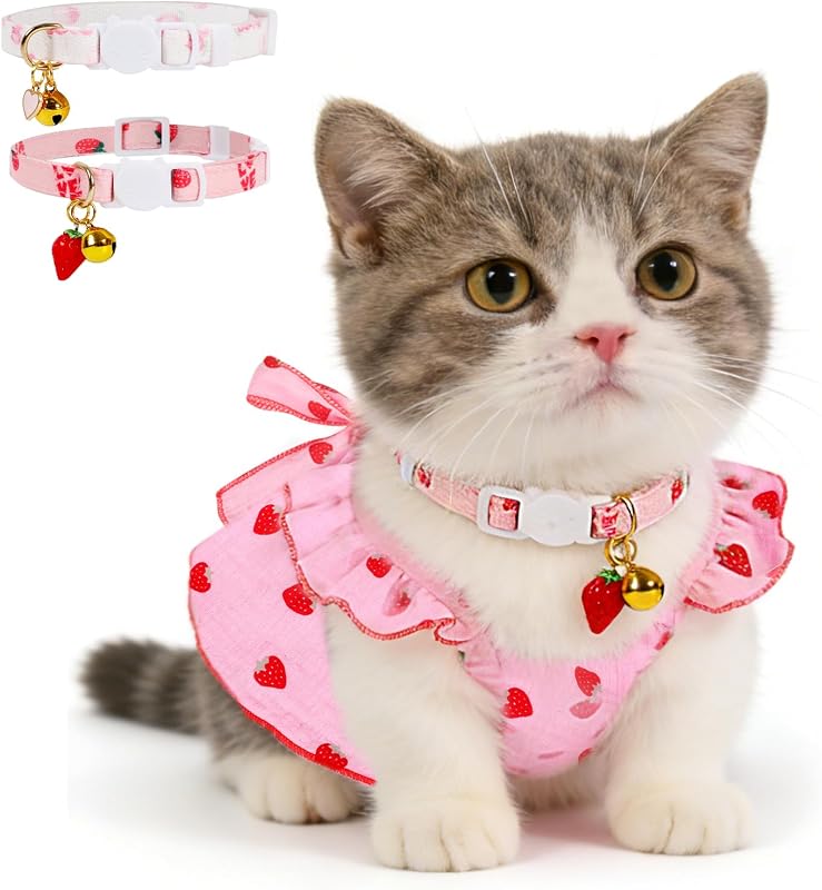 Vestido para Gatos e Cães Pequenos com Estampa de Morango e 2 Coleiras com Laço Sunexinlo KJ4194-XS3
