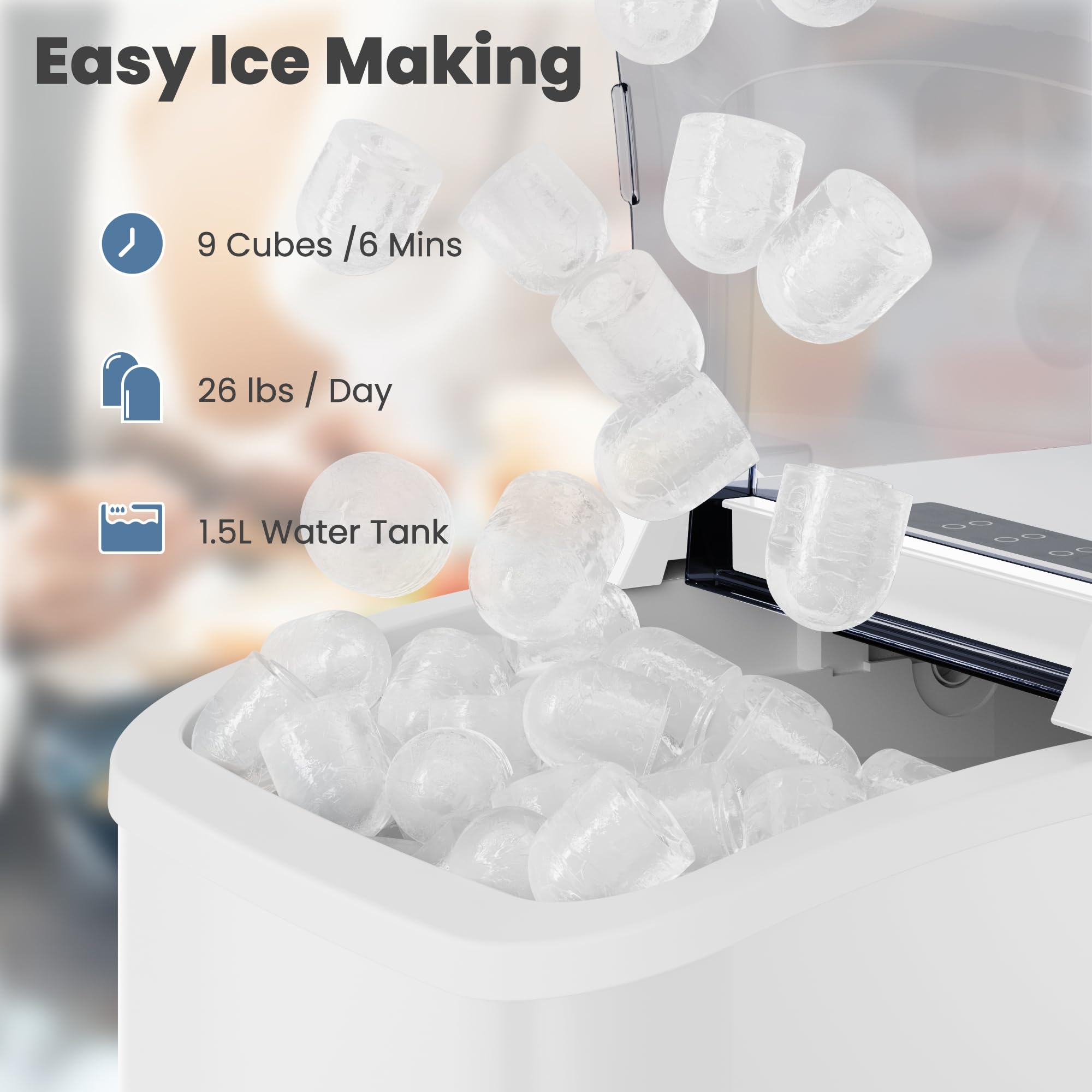 Dumos Countertop Ice Maker With Handle, 26lbs/24h Portable Ice Machine, 9 Bullet Ice Cubes Ready In 6 Mins, Self-Cleaning, Quiet Compact Ice Maker For Home, Kitchen, RV, Camping, White on Fridge.com - View 3