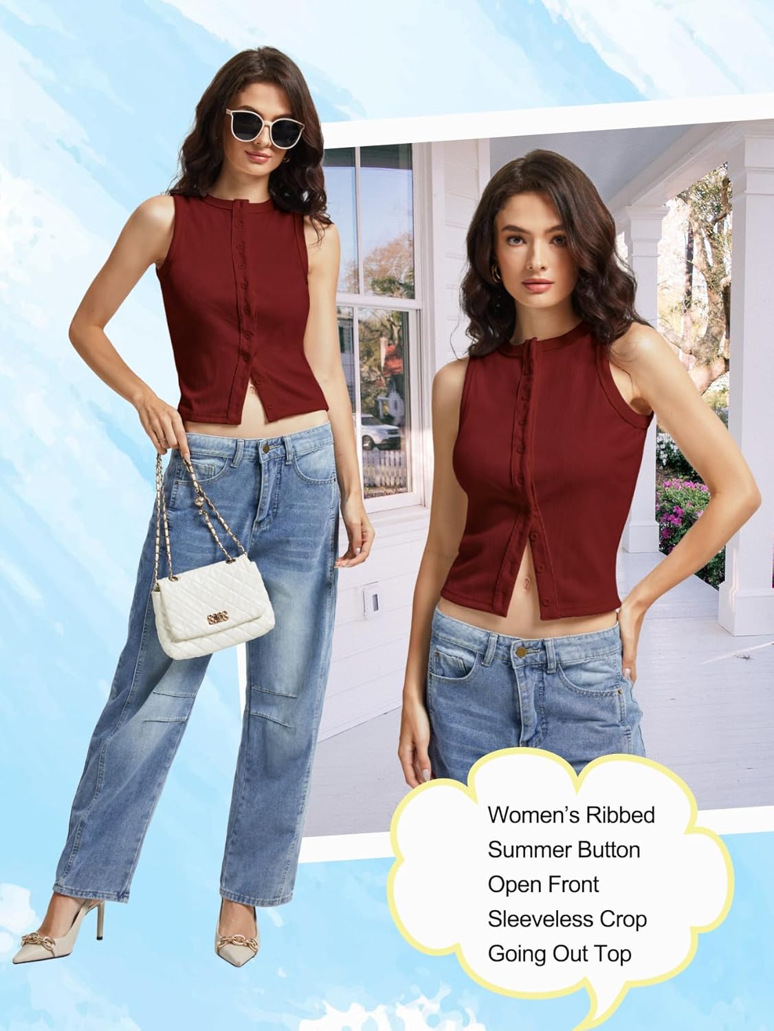 Women’s Button Down Tank Tops Sleeveless Ribbed Crop Summer Button Up Crewneck Vest Shirt Going Out Slim Fit Tops - Image 3