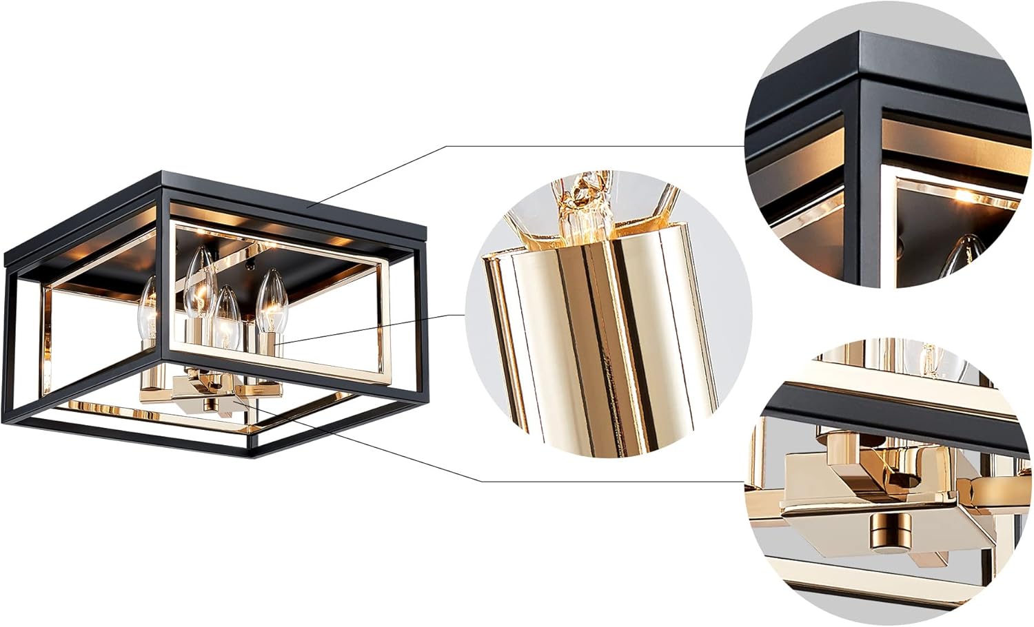 AGV LIGHTING CL035G Modern Flush Mount Ceiling Light Fixture, Close to Ceiling Light, E12 Base 3-Lights, L12 x W12 x H7, Matte Black & Shine Gold Finish