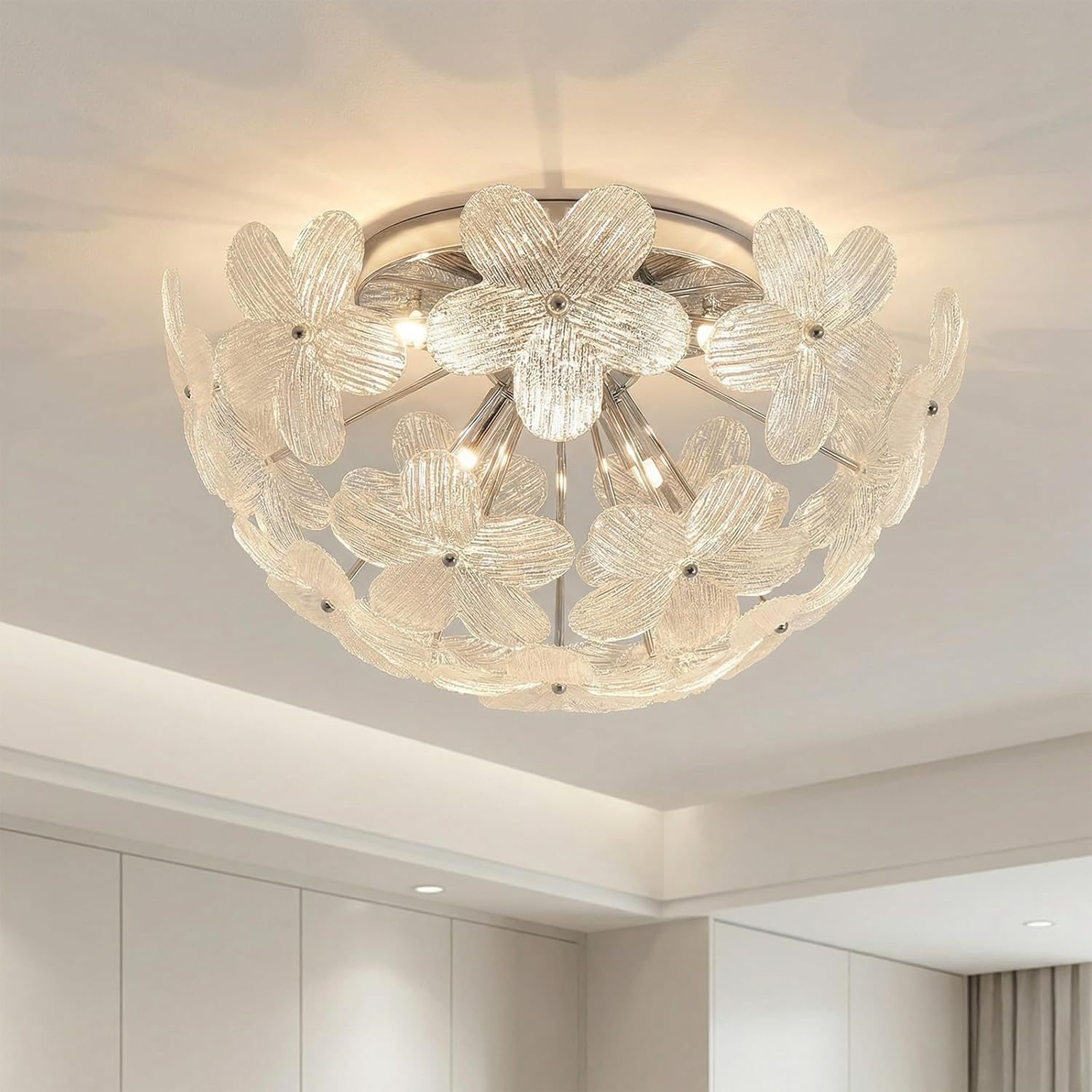 Floral Semi Flush Mount Ceiling Light Fixture Modern Flower Ceiling 6-Light Glass Chrome Chandeliers for Bedroom Closet Entryway Living Room Indoor Kitchen Foyer Hallway