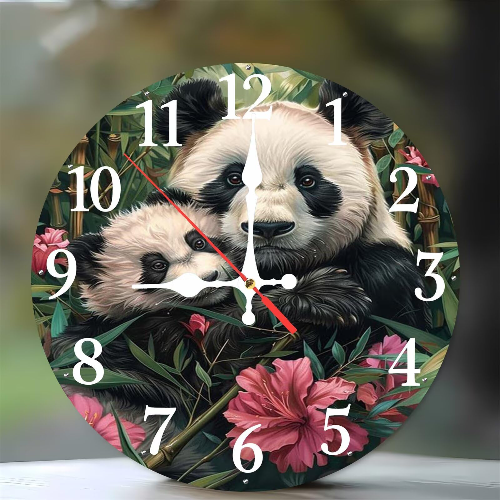 Horloge murale en bois panda 35 cm avec fleurs rouges pour salon