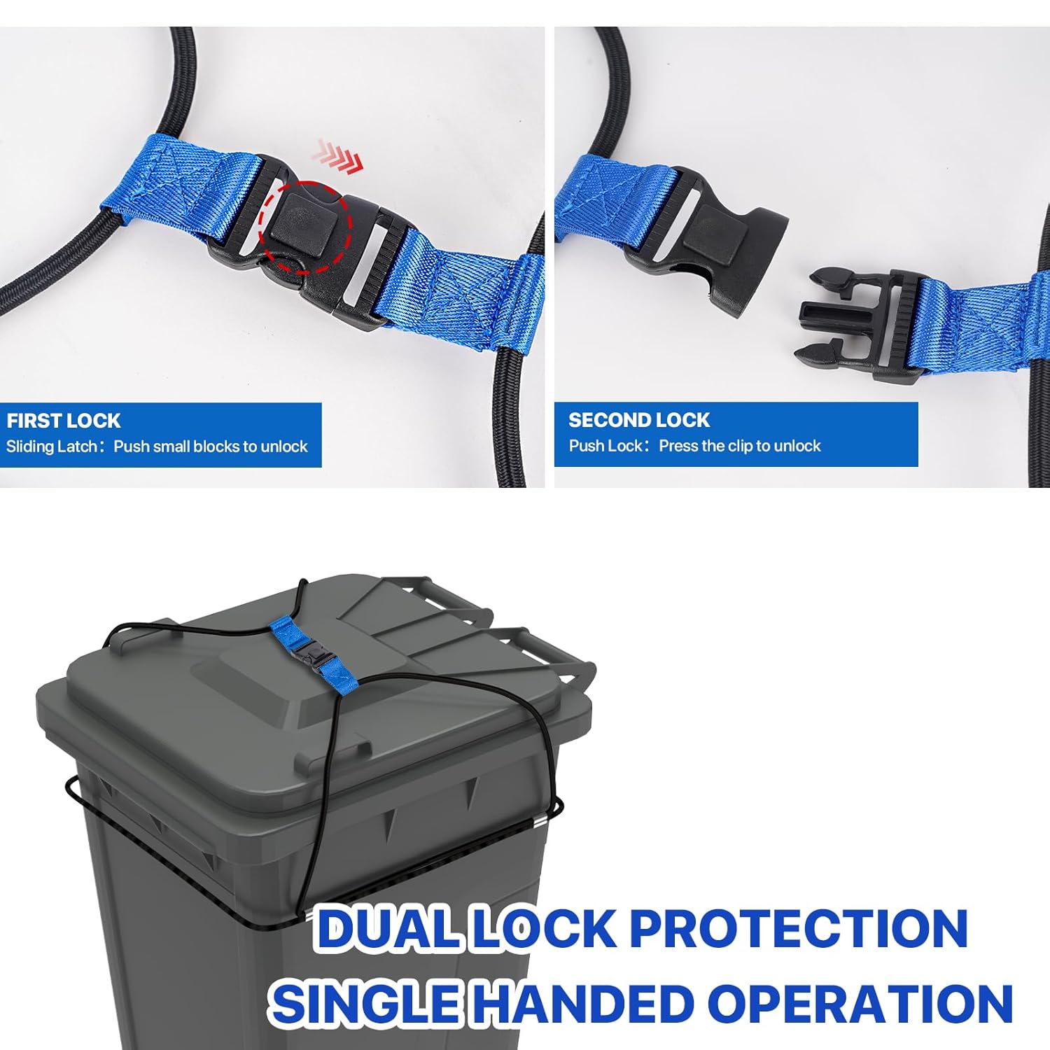 4 Pack Trash Can Locks for Animals, Double Lock Garbage Can Lock Bungee Cord, Bear Deterrent Animal Proof Trash Can Straps Keep Raccoons Out of Garbage, 30-50 Gallon TrashCan Lid Lock