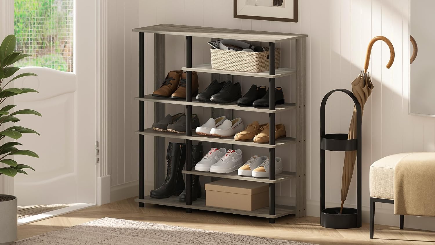 Furinno Turn-N-Tube Multi Storage Shoe Rack, 35.2"W 6-Tier, Espresso/Black,17082EX/BK
