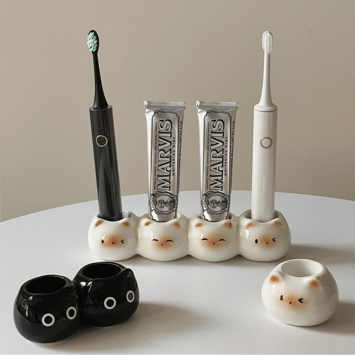 Electric Toothbrush Holder with Toothpaste Dispenser, Cute Cat Design Ceramic Bathroom Organizer, Non-Slip Base & Vanity Storage (White, Dual-Hole Slot)