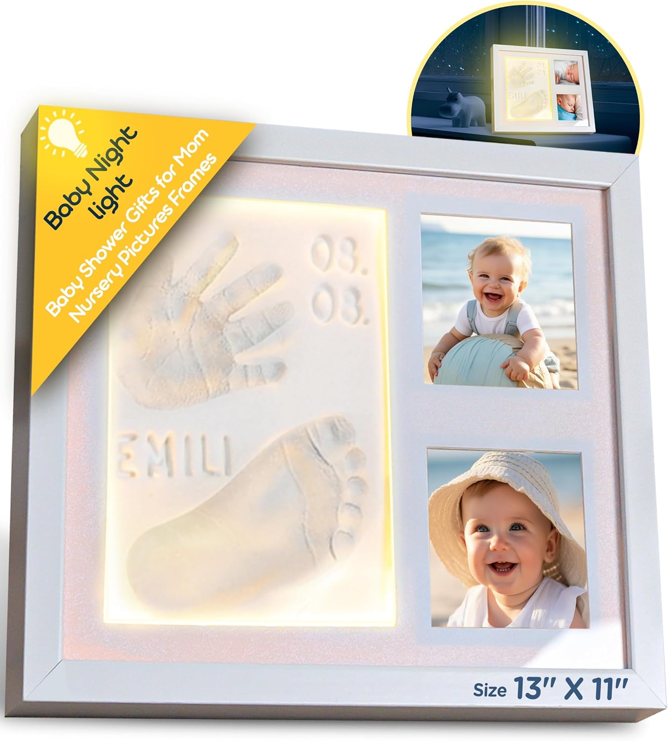 Baby footprint kit with LED night light - Hand and foot prints - Newborn - Baby shower gifts - Newborn essentials - Memory frame - Room decoration - Memory frame with clay hand prints - New XL size