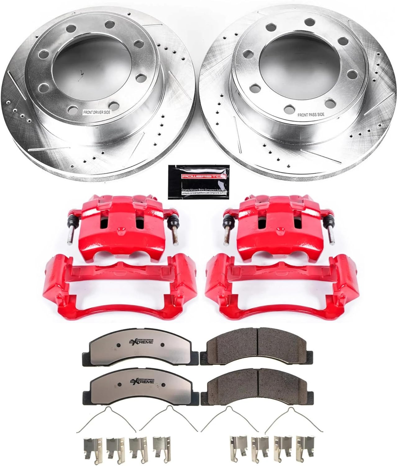 PowerStop Front Brake & Caliper Kit For Ford Excursion 2000-05 |F-250 Super Duty 1999-04 - Drilled and Slotted Truck & Tow Disc Rotors with Ceramic Brake Pads Upgrade, KC1905-36