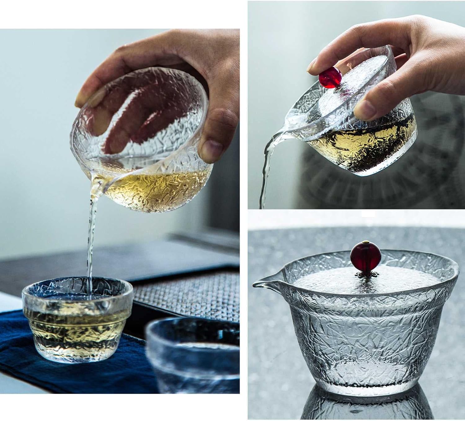 Travel Tea Set Hammer Glass Single Kung Fu Tea Cover Bowl Mini 1 2 Cups Gift (Red 10.5CM)
