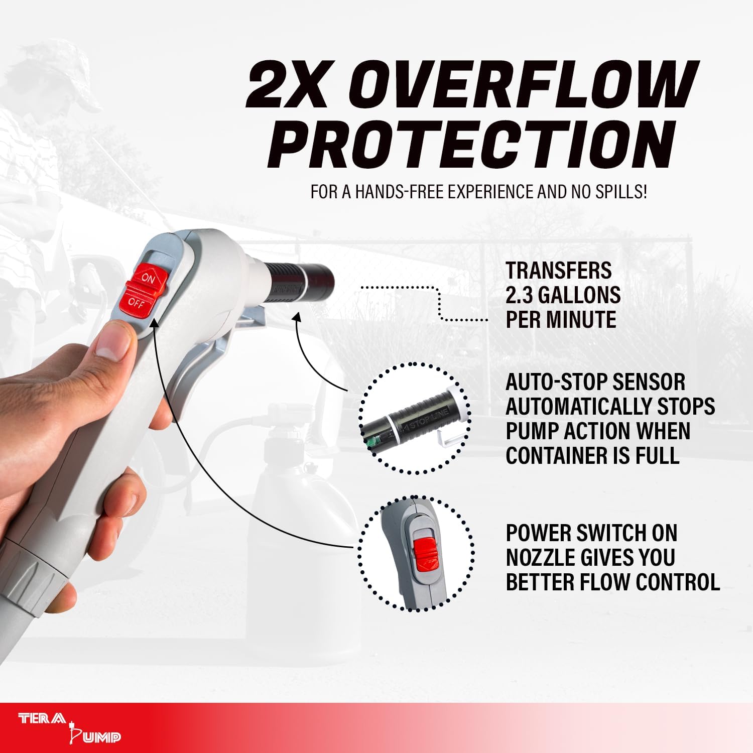 TERA PUMP TRFA03-XL Universal Gas Can Adapter Cap Battery Powered Fuel Transfer Pump (2.3 GPM) No Spill Sensor, 4.27 ft Vinyl Hose, Utility Jug Adapter, Power Nozzle, 4x AA Power - Image 3