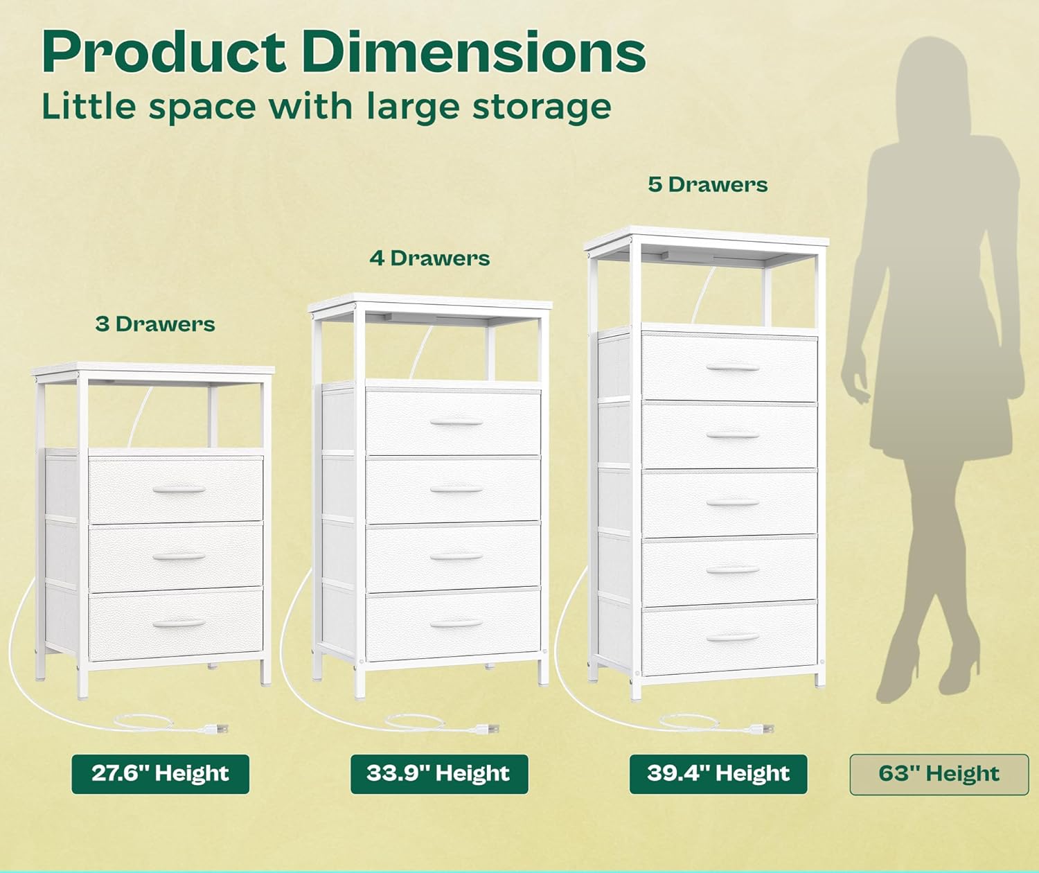 Huuger White Dresser with 5 Drawers & Charging Station, Tall Dresser for Bedroom, Tall Night Stand with PU Leather Finish, Open Shelf, Nightstand for Bedroom, Closet, Hallway, Entryway