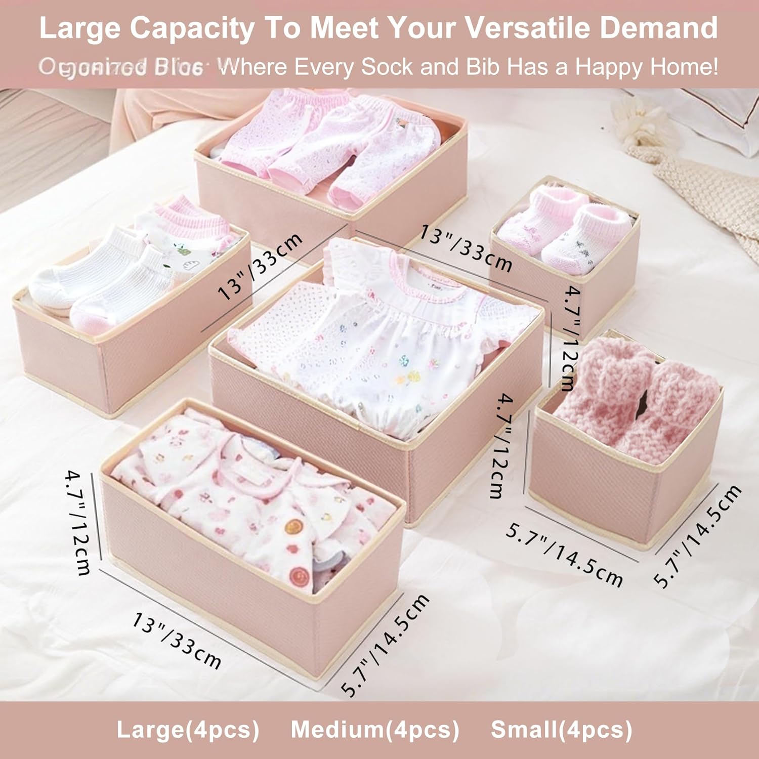 SANDOO Pink Drawer Organizer for Baby Clothes 12 Pack - Dresser Organizer for Nursery,Foldable Fabric Drawer Organizer Storage for Baby Socks,Diaper,Drool Bibs,Towels