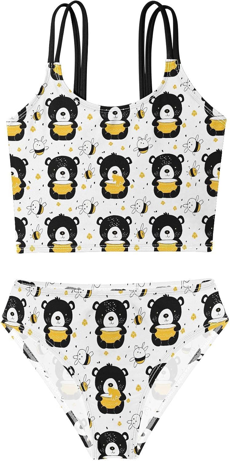 visesunny Girls Two Piece Swimsuits Black Bear Honey Bowl Girl's Bikini Sets Bathing Suits for Girls Size 5-12Y