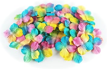 100pcs Artificial Hydrangea 1.5 Inch Paper Flowers Craft Petals for Scrapbooking Embellishments DIY Decorations for Wedding Card Rainbow