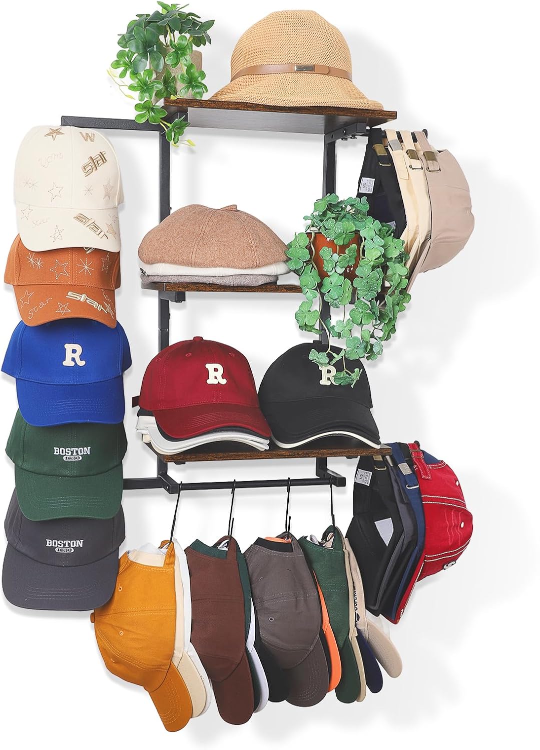 Keebofly Hat Rack for Wall with Shelf, Hat Holder Organizer for 100+ Caps Bennies,Hat Storage with Perfumes & Cosmetics Display, Baseball Cap Organizer & Beanie Holder for Closet, Entryway, Bedroom