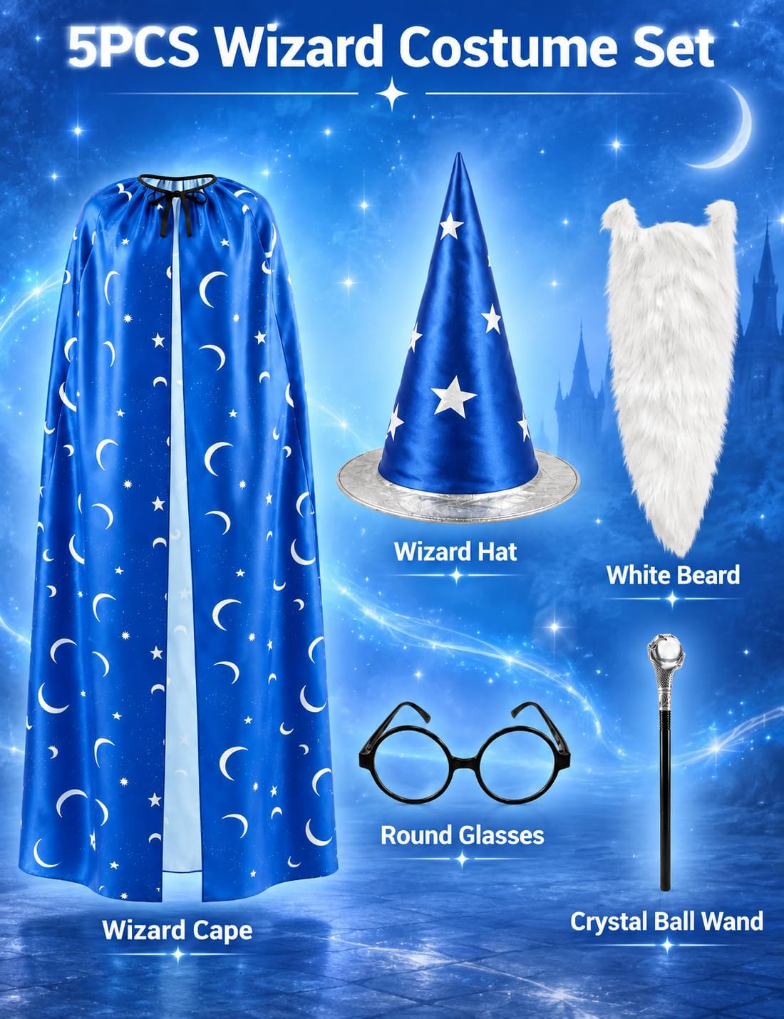 Wizard Costume Adult Men 5Pcs Halloween Blue Star Moon Magician Accessory