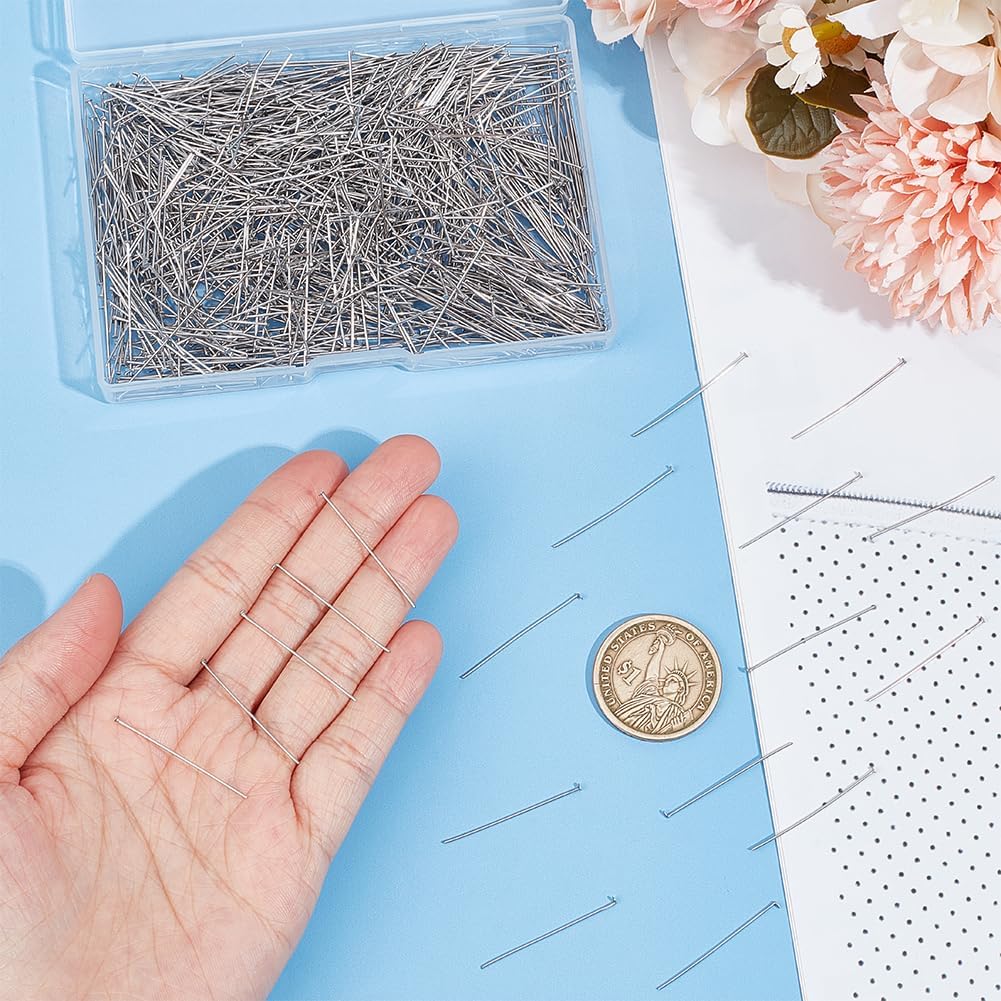 UNICRAFTALE About 1000Pcs Stainless Steel Flat Head Pins 30mm Straight Head Pin Metal Eye Pins Findings End Headpins Findings for Craft Jewelry Making