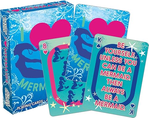 AQUARIUS I Heart Mermaids - Baraja de cartas con temática de sirena para tus juegos de cartas favoritos, tamaño póquer con acabado de lino