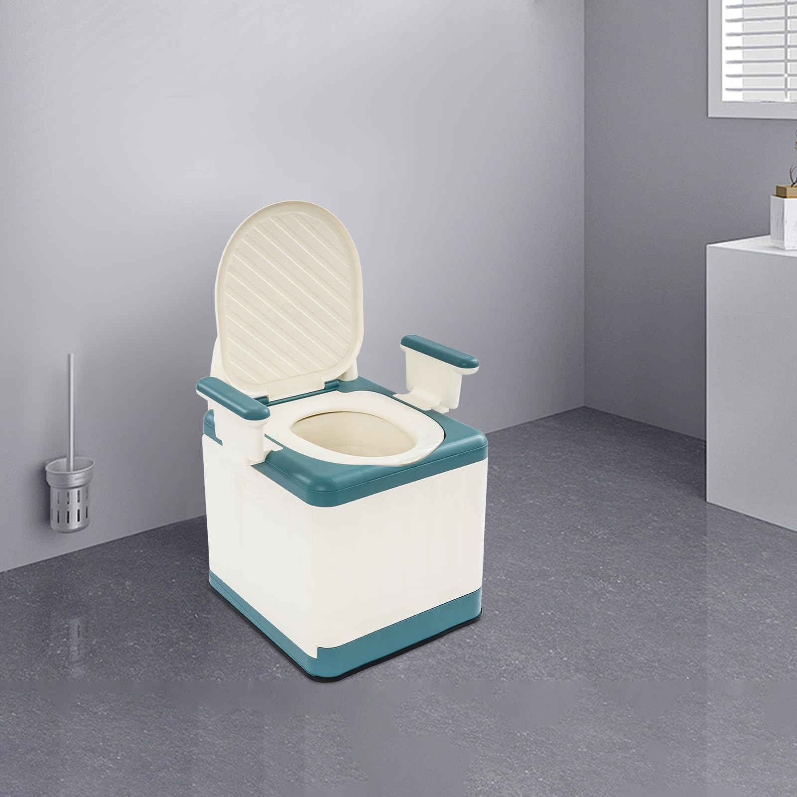 Tragbare Toilette mit Deckel, Mobile Campingtoilette, Max.150kg (Seeblau) | Bedside Kommode Toilette, 39cm Sitzhöhe, Armlehnen Abnehmbar, Toilettenstuhl Klappbar für Bade-, Schlafzimmer, Camping