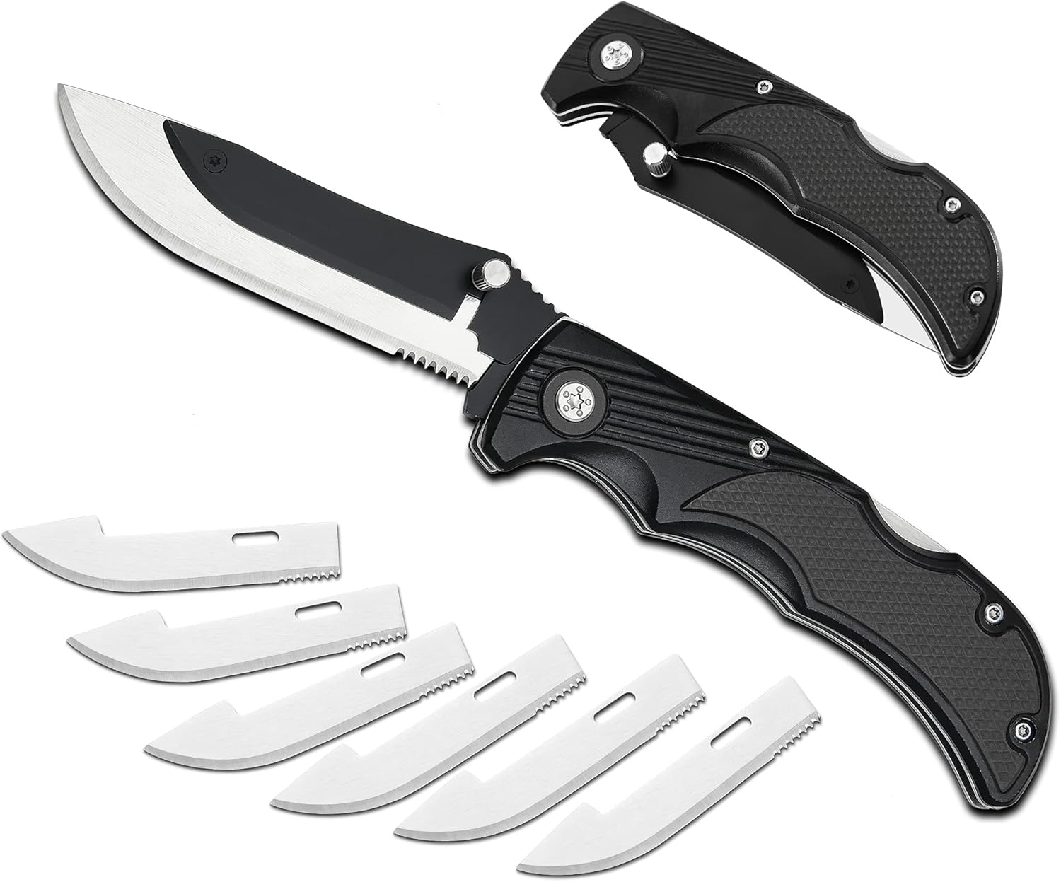 Pocket Folding Outdoor Hunting Knife, 3.5 inch, with 7 Replaceable Sawtooth Baldes, Nonslip Handel, Pocket Clip, One Hand Opening,Gift for Men : Everything Else