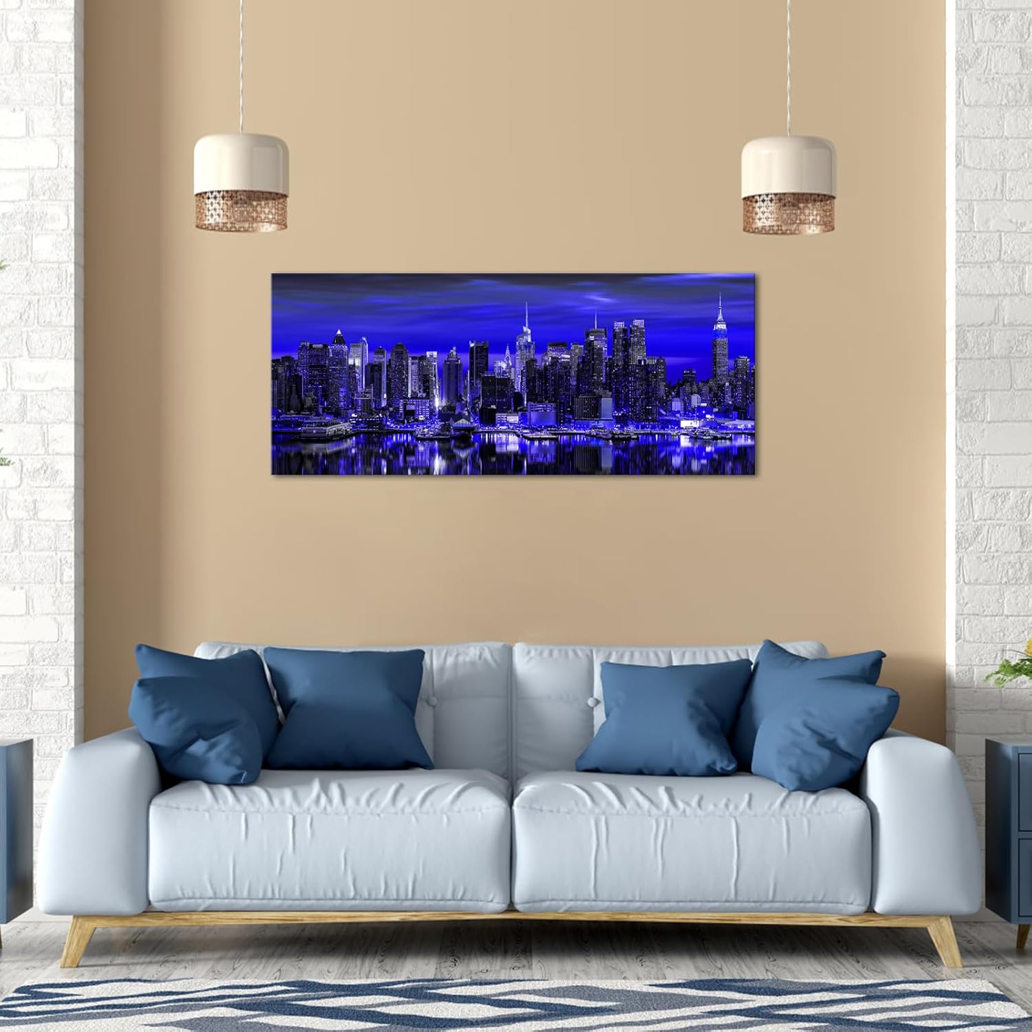 LevvArts New York City Canvas Wall Art Manhattan Skyline Night View Pictures Prints Modern City Painting Poster for Home Office Living Room Wall Decoration 20"x48" (Blue)