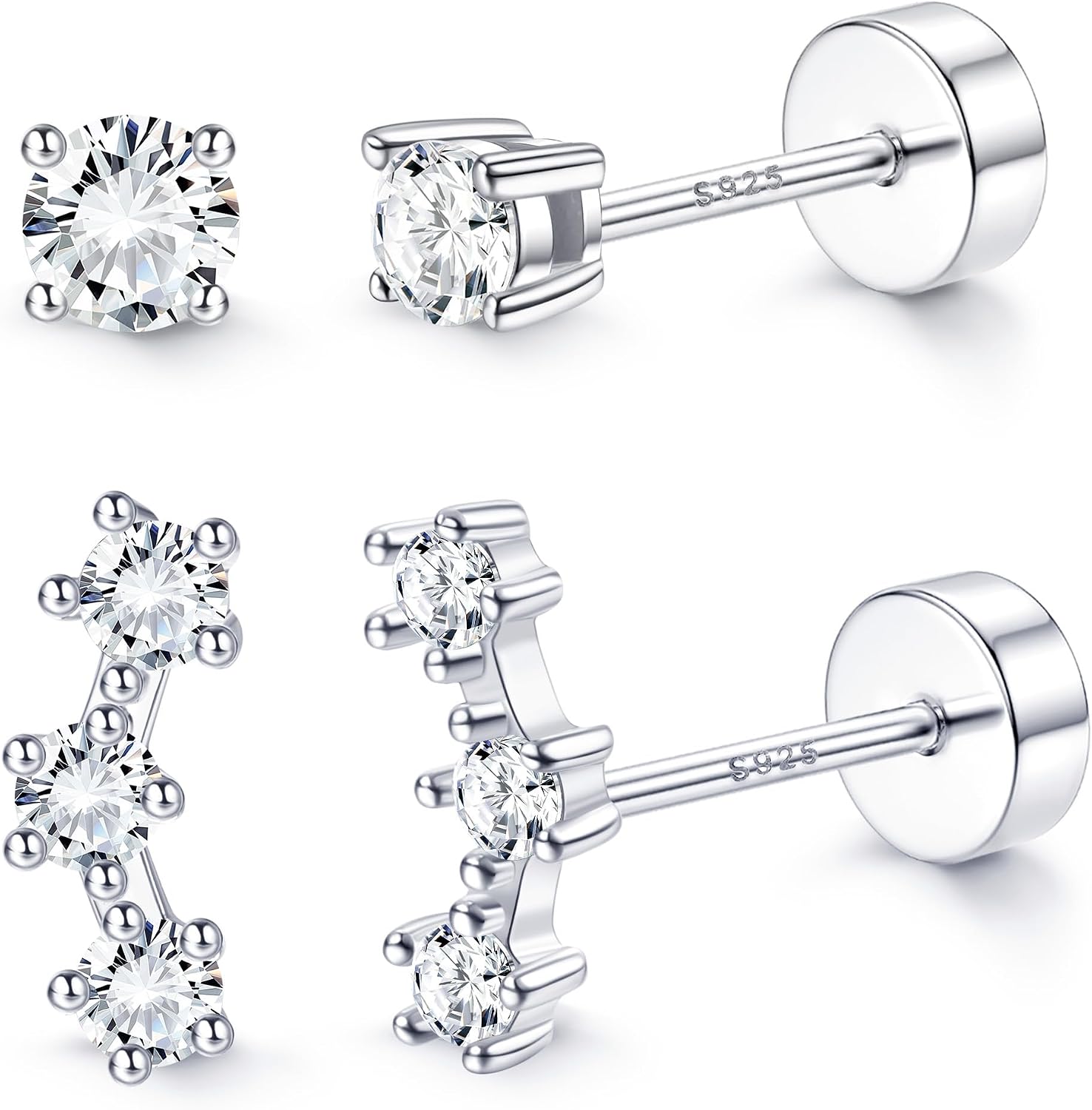 ZELORES 2 Pairs 925 Sterling Silver Flat Back Earrings for Women Dainty CZ Flatback Cartilage Earring Small Helix Tragus Multiple Piercing Jewelry