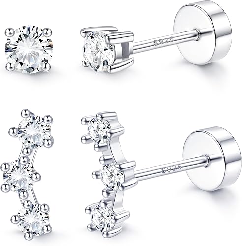 ZELORES 2 Pairs 925 Sterling Silver Flat Back Earrings for Women Dainty CZ Flatb
