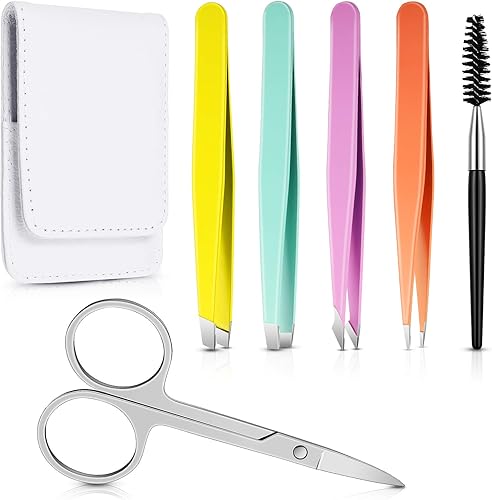 Miniatura 1 de Juego de 6 pinzas para cejas para mujeres con tijeras curvas, cepillo de pestañas de acero inoxidable, herramientas para quitar cejas para niñas,