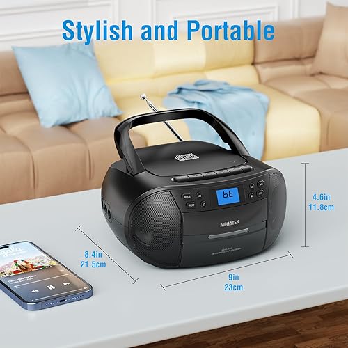 Miniatura 9 de MEGATEK CBR510 Reproductor portátil de CDcassette Boombox con Bluetooth, radio AMFM, reproducción USB, entrada AUX, conector para auriculares,