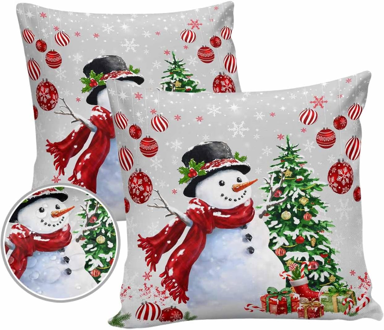 Snowman Red Christmas Outdoor Waterproof Throw Pillow Covers, Xmas Tree Balls Furniture Decorative Throw Pillowcase Set of 2, Snowflake Cushion Case for Patio Tent Couch 18x18 Inch