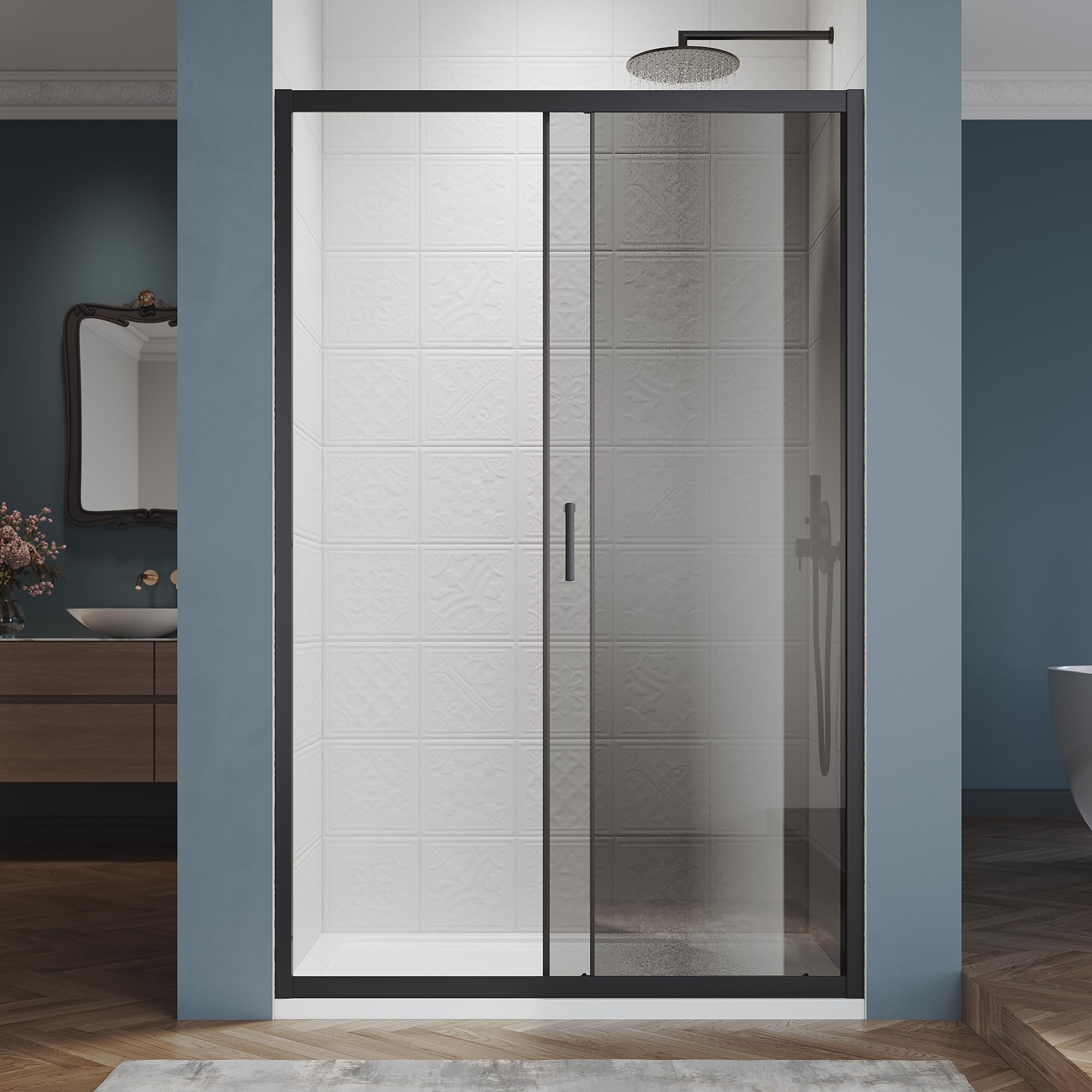 SIRHONA Cabina de ducha Corredera 120 x 185 cm Mampara de ducha Transparente corredera de vidrio templado 5mm, Negro mate