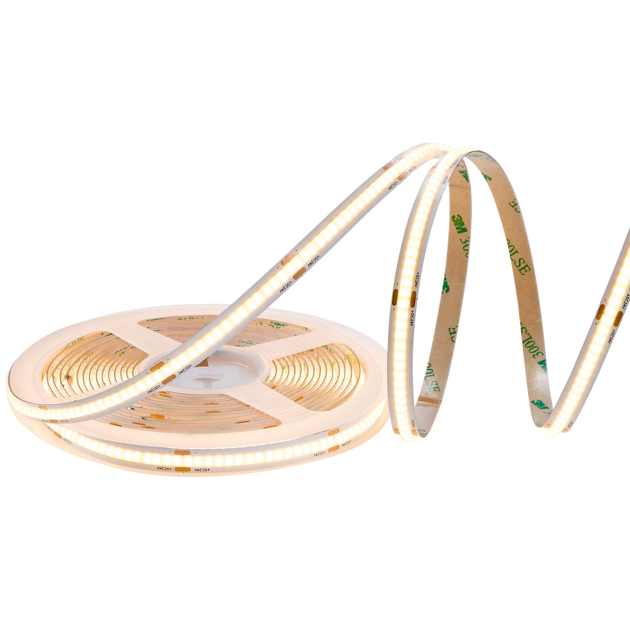 Maxxima 16.5 ft. COB LED Strip Light Spool, Plug-in Or Hardwired with Power Supply, 3000K Warm White, Dimmable, Self Adhesive Cuttable Rope Tape Light Roll for Bedroom, Kitchen and Mirror