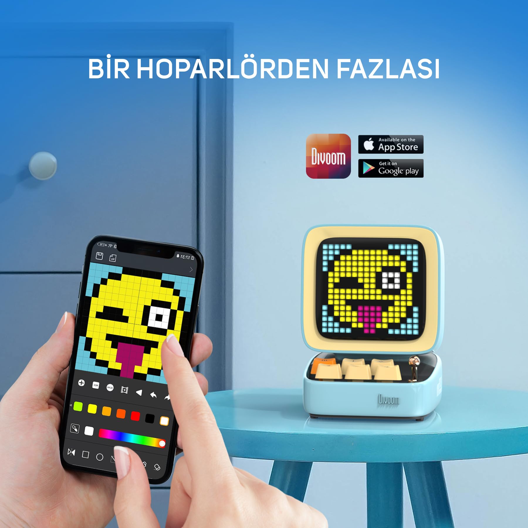 Divoom Ditoo Pro Mavi Bluetooth Hoparlör ve Pixoo-64 Led Ekran Seti