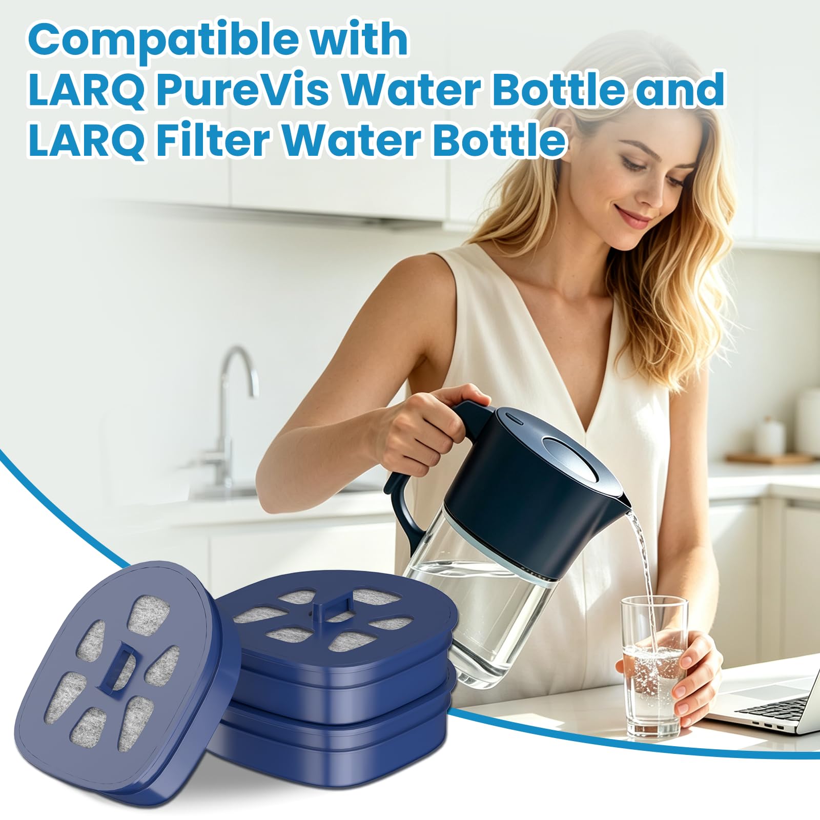 Lot de 4 filtres à charbon de rechange avancés compatibles avec les pichets filtrés à eau LARQ PureVis et LARQ, utilisation totale de 8 mois