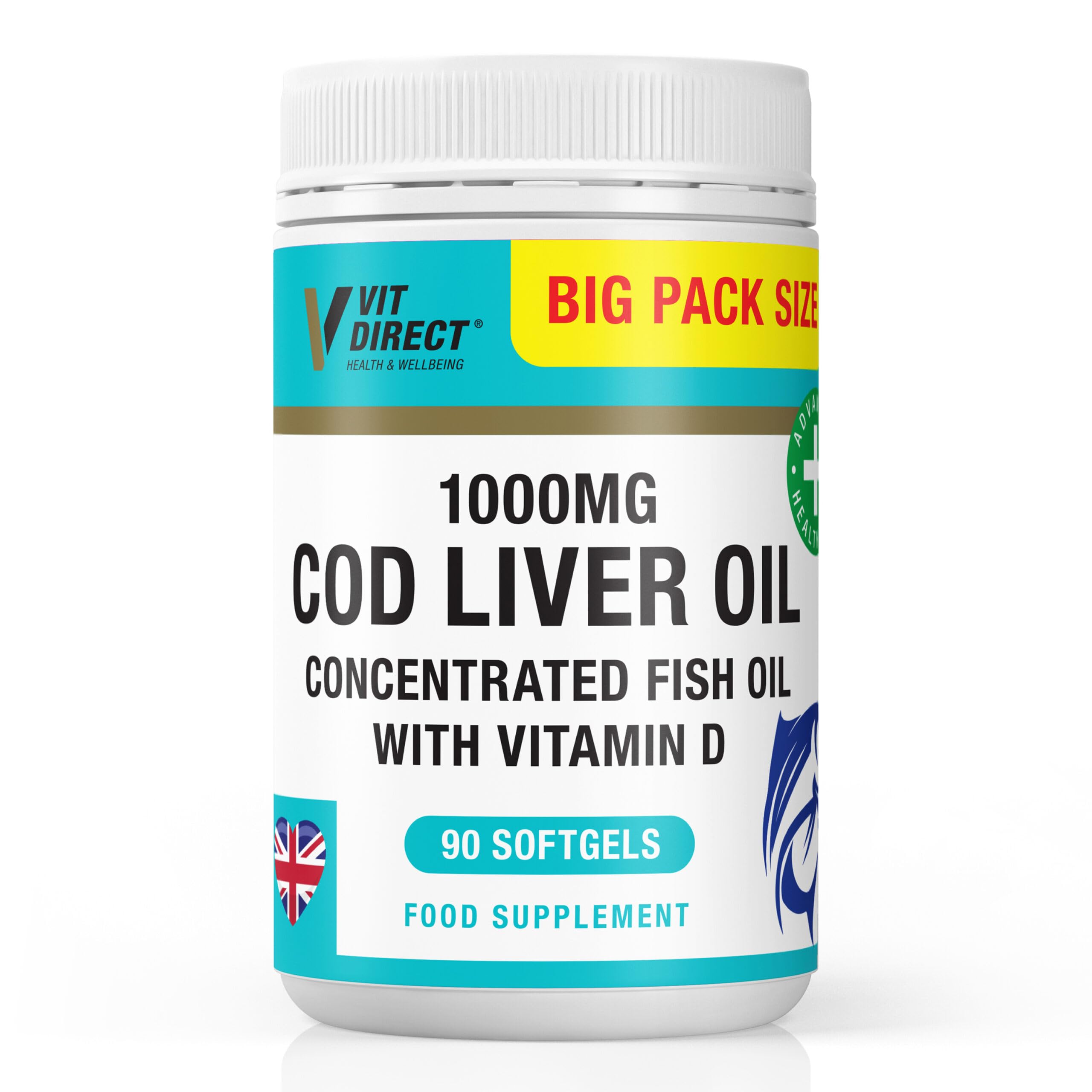 Supplements Direct - Cod Liver Oil (with Vitamin D) - 90 Soft Gel Capsules - 1000mg - Daily Supplement - High Strength - Fish Oil Omega 3 - Promotes Joint Health & Muscle Recovery