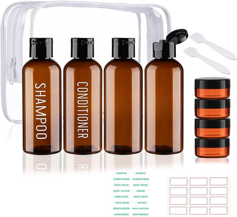 Kit de Frascos Recarregáveis para Viagem Wowang Marrom, 8 Peças