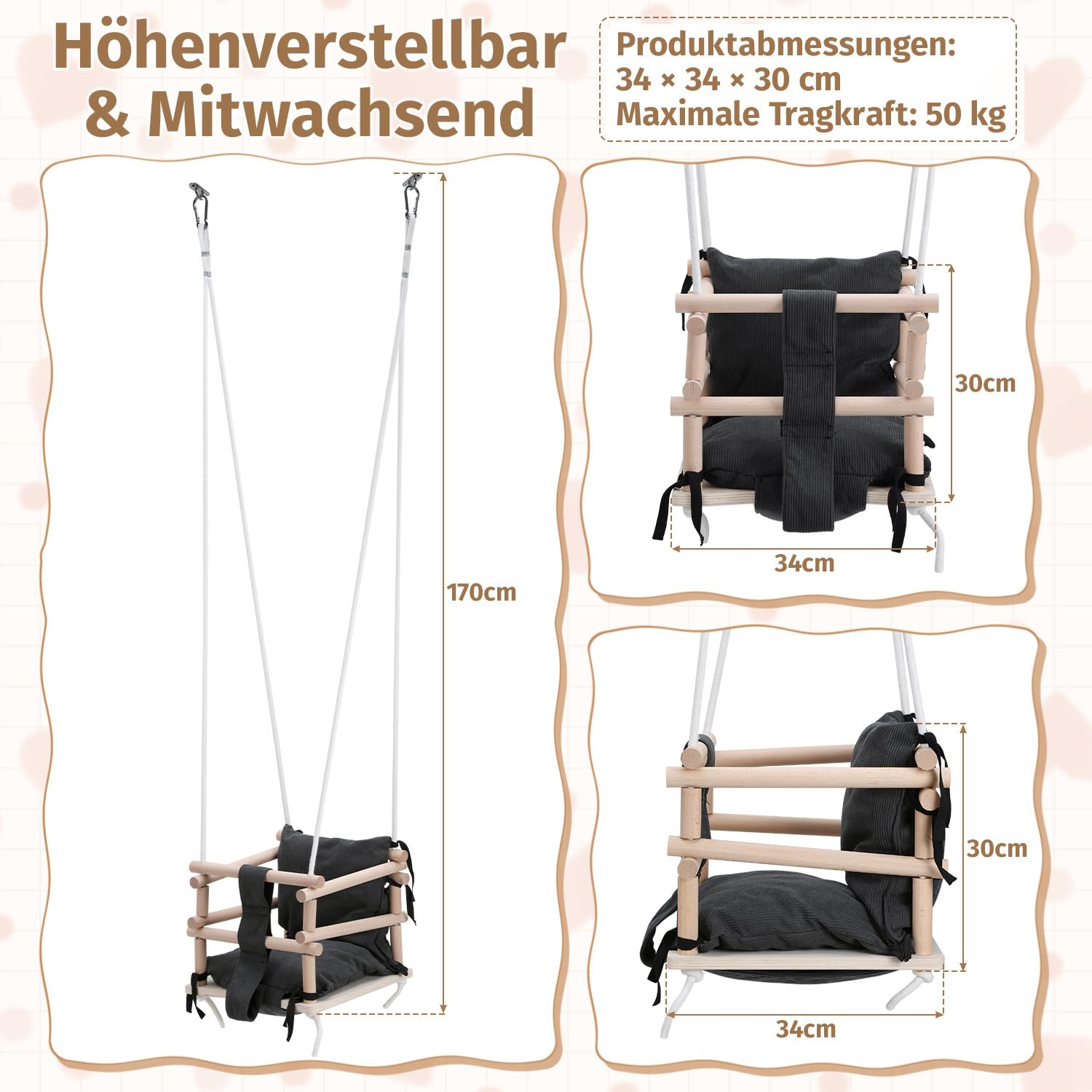 Huśtawka dziecięca 3 w 1, do użytku wewnątrz i na zewnątrz, z drewna, regulacja wysokości (160-260 cm) ze zdejmowaną poduszką, do ogrodu, nośność 50 kg, od 12 miesięcy (szara)