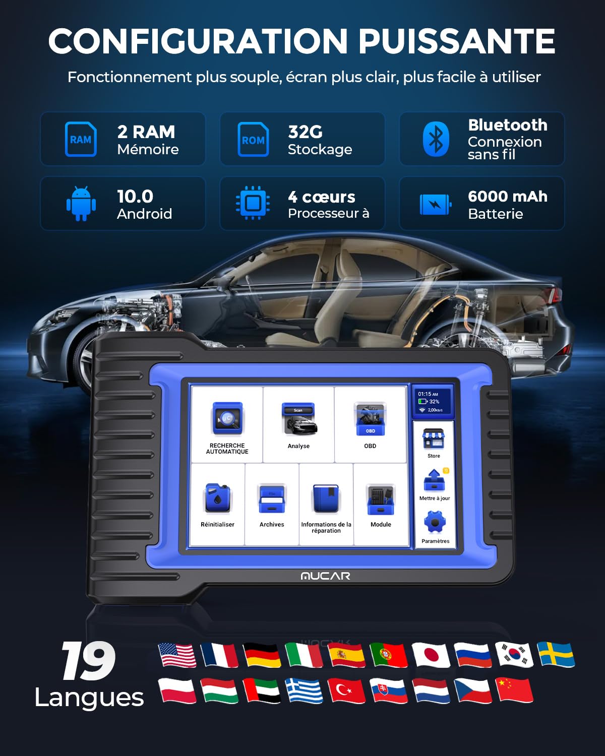 MUCAR VO7 Valise Diagnostic Auto avec Mise à Jour Gratuite, Outil de Balayage Bidirectionnel OEM avec Codage de l'ECU, 28+ Services, Diagnostic sans Fil OBDII Voiture