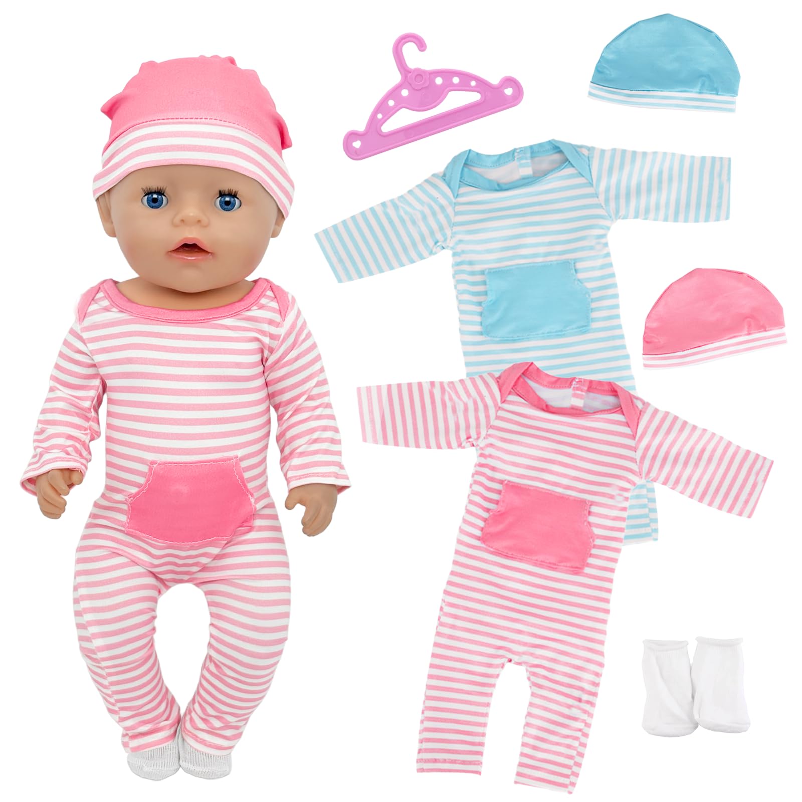 Baby Puppen Kleidung für 14-18 Zoll Babypuppen, 35-43cm Kleidung Outfits für Baby Puppen, Kleidung Outfits mit Rosa Blau Gestreifter Jumpsuit Overall für 43 cm Puppen, Geschenke für Mädchen