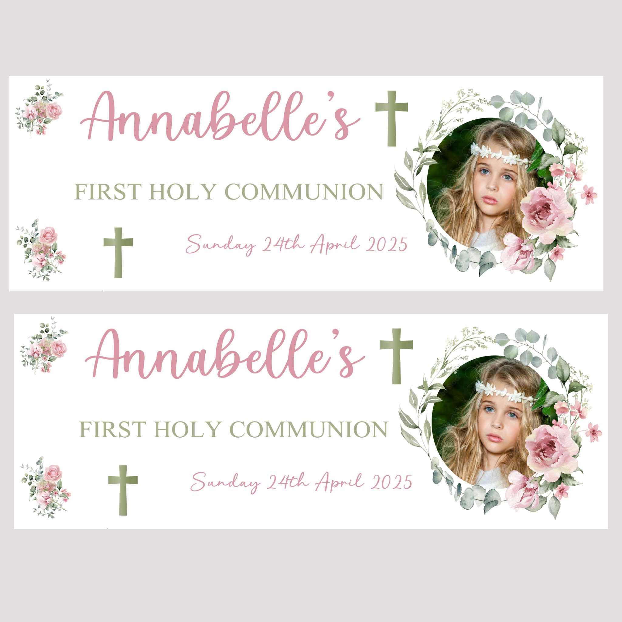 Personalised Photo First Holy Communion Decorations, Personalised 1st holy communion decor, Pastel pink floral design, Christening Decor, Confirmation photo banner, Christening Banner