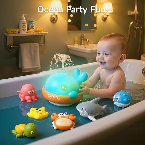 OR OR TU Light Up Whale Sprinkler Bath Toys for Baby Toddler, Mold Free No Hole Animal Bathtub Toys Set Water Toy for Kids 18M+