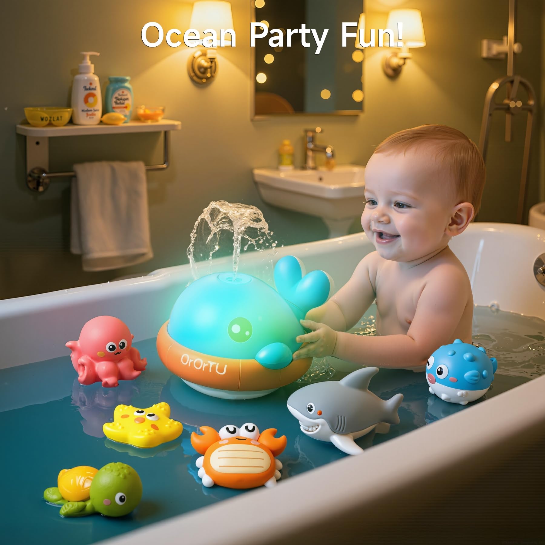 OR OR TU Giocattoli Bagnetto per Bambini Balena Spruzzatrice, Giocattoli da Bagno Luminosi con 6 pezzi Animali Galleggianti Senza fori, Giocattoli da Vasca da Bagno Età 18 mesi Giocattoli