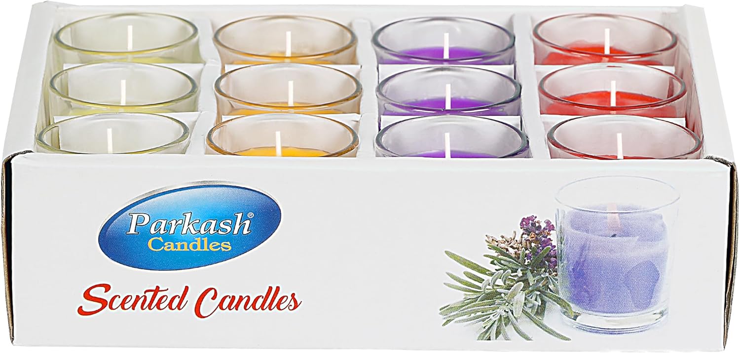by Parkash Candles Votive Glass Candles Set of 12 , ( Scented ) Rose , Jasmine, Lavender, Sandalwood